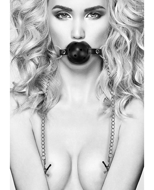 Shots Ouch Black & White Breathable Ball Gag w/Nipple Clamps - Black - Empower Pleasure