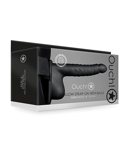 Shots Ouch 8" Ribbed Hollow Strap On w/Balls - Black - Empower Pleasure