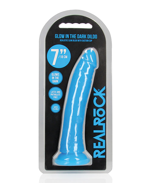 Shots RealRock 7" Slim Dildo Glow in the Dark - Neon Blue - Empower Pleasure