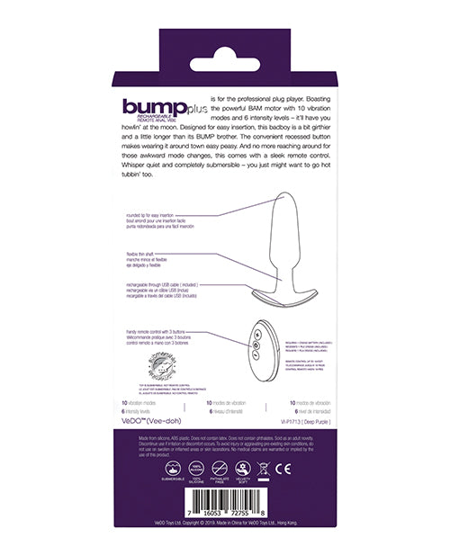 VeDO Bump Plus Rechargeable Remote Control Anal Vibe - Assorted Colors - Empower Pleasure