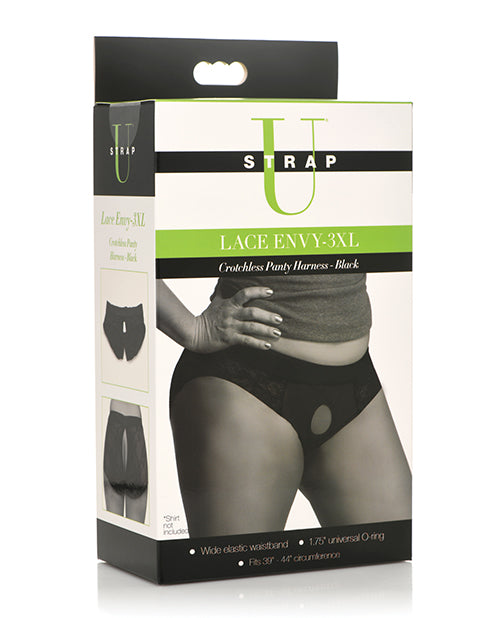 Strap U Lace Envy Crotchless Panty Harness - 3XL Black - Empower Pleasure