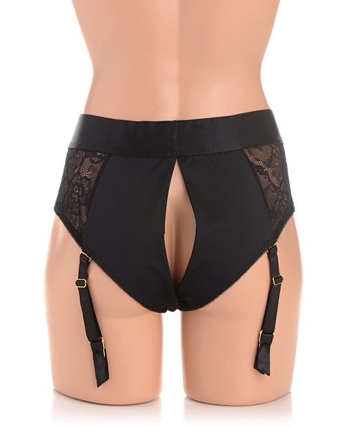 Strap U Laced Seductress Lace Crotchless Panty Harness w/Garter Straps - L/XL Black - Empower Pleasure