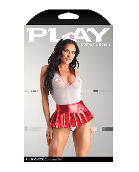Play Pulse Check Collared Teddy w/Open Back, Pleated Skirt, Medic Hat & Pasties Red/White S/M - Empower Pleasure