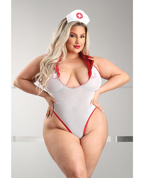 Play Pulse Check Collared Teddy w/Open Back, Pleated Skirt, Medic Hat & Pasties Red/White 3X/4X - Empower Pleasure