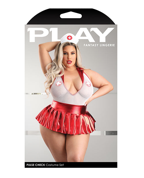 Play Pulse Check Collared Teddy w/Open Back, Pleated Skirt, Medic Hat & Pasties Red/White 3X/4X - Empower Pleasure