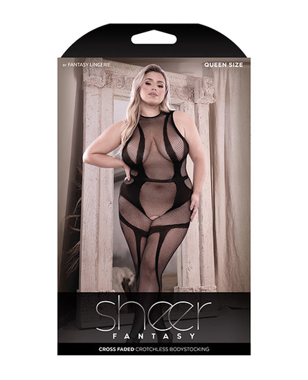 Sheer Cross Faded High Neck Crotchless Bodystocking Black QN - Empower Pleasure