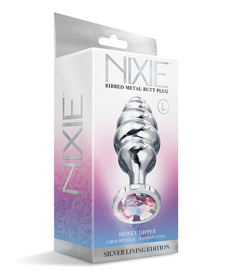 Nixie Honey Dipper Ribbed Metal Rainbow Jeweled Butt Plug - Large - Empower Pleasure