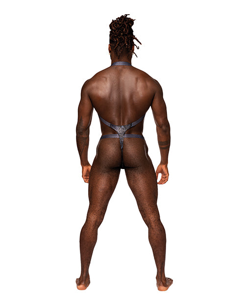Snaked Metallic Coated Shoulder Sling Harness Thong Black/Blue S/M - Empower Pleasure