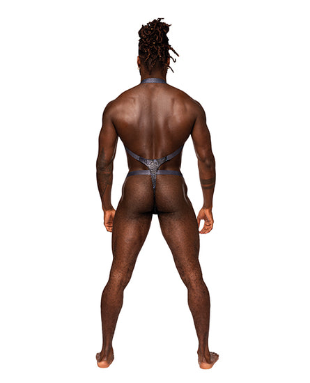 Snaked Metallic Coated Shoulder Sling Harness Thong Black/Blue S/M - Empower Pleasure