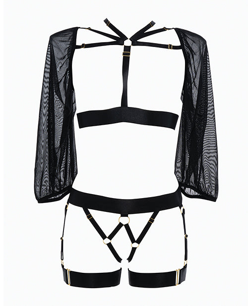 Adore Ibiza Babe Strappy Open Front Bodice w/Mesh Sleeves & Open Gartered Panty Black O/S - Empower Pleasure