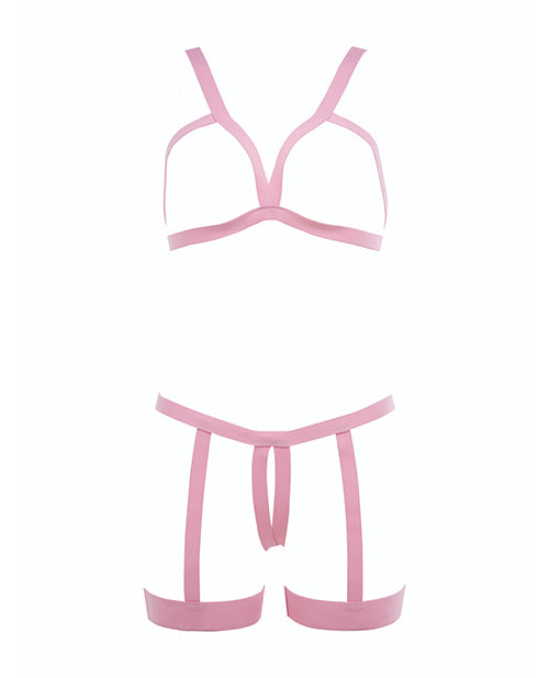 Kitten Teaser Strappy Open Cup Bra & Open Panty w/Leg Straps Pink O/S - Empower Pleasure