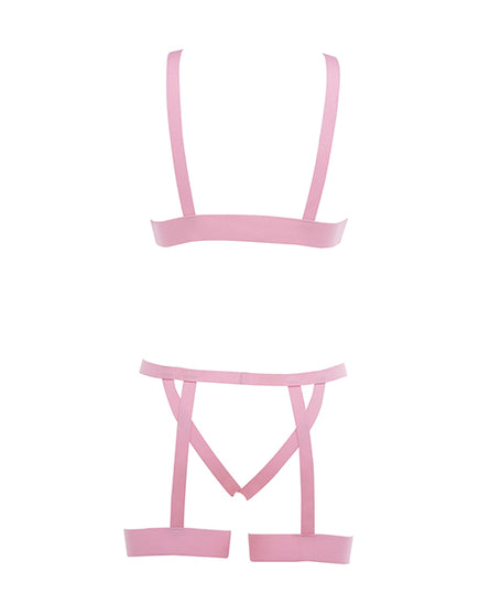 Kitten Teaser Strappy Open Cup Bra & Open Panty w/Leg Straps Pink O/S - Empower Pleasure