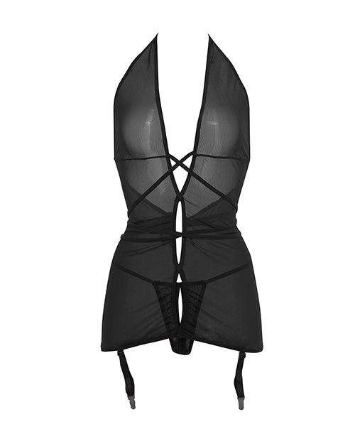 Allure Savannah Sheer Mesh Garter Dress & Open Thong Black S/M - Empower Pleasure