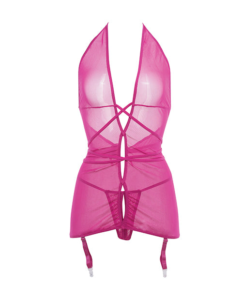 Allure Savannah Sheer Mesh Garter Dress & Open Thong Hot Pink L/XL - Empower Pleasure