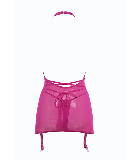 Allure Savannah Sheer Mesh Garter Dress & Open Thong Hot Pink S/M - Empower Pleasure