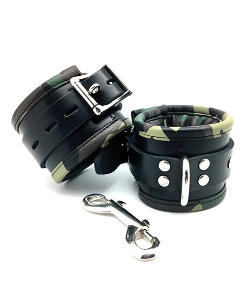 Sensual Sin Leather Padded Wrist Cuffs - Camo Piping - Empower Pleasure