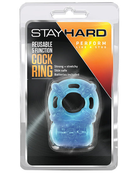 Blush Stay Hard Vibrating Reusable 5-Function Cock Ring - Blue - Empower Pleasure