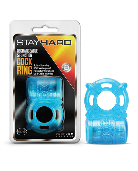 Blush Stay Hard Rechargeable 5-Function Cock Ring- Blue - Empower Pleasure