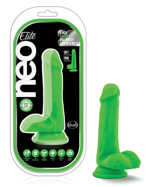 Blush Neo Elite 6" Silicone Dual Density Cock w/ Balls - Neon Green