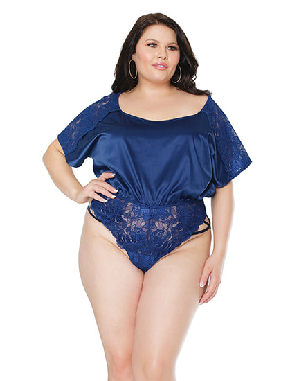 Stretch Satin & Scallop Stretch Lace Off the Shoulder Romper Navy OS/XL - Empower Pleasure