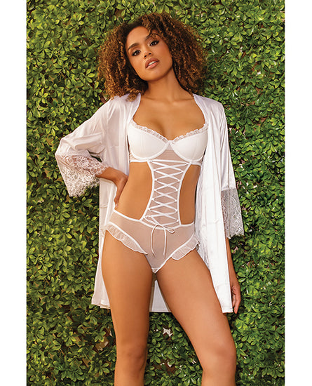 Stretch Mesh Ruffled Crotchless Teddy White MD - Empower Pleasure
