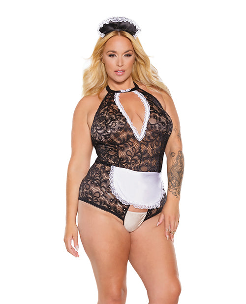 Scallop Stretch Lace Crotchless Maid Teddy w/Headpiece Black/White OS/XL - Empower Pleasure