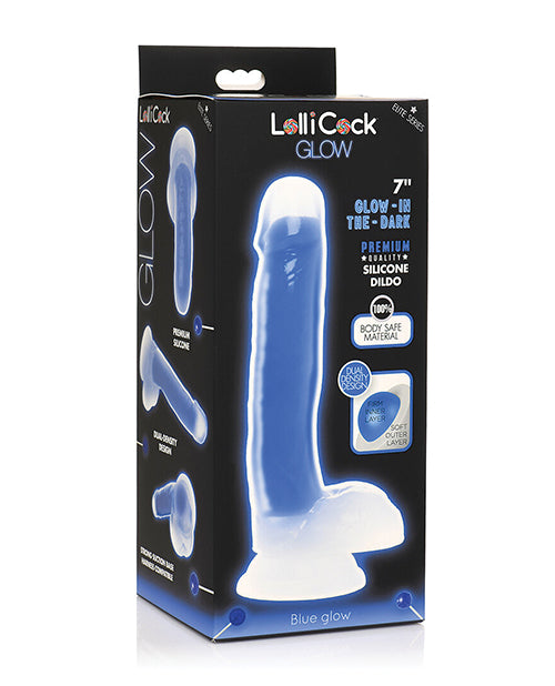 Curve Toys Lollicock 7" Glow In The Dark Silicone Dildo w/Balls - Blue - Empower Pleasure
