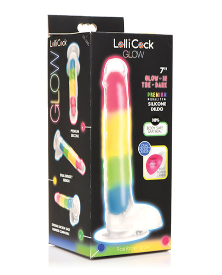 Curve Toys Lollicock 7" Glow In The Dark Silicone Dildo w/Balls - Rainbow - Empower Pleasure