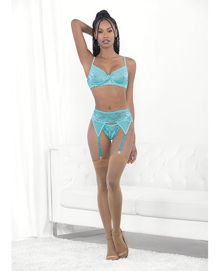 Lace & Mesh Underwire Bra, Garterbelt & G-String Malibu Blue MD - Empower Pleasure