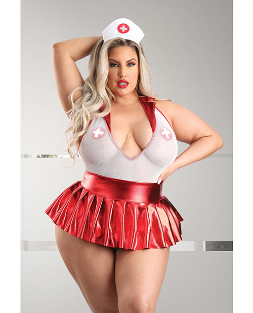 Play Pulse Check Collared Teddy w/Open Back, Pleated Skirt, Medic Hat & Pasties Red/White 3X/4X - Empower Pleasure