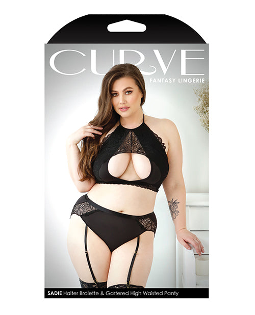 Curve Sadie Lace Overlay Keyhole Halter Top & Gartered Panty - Black - Empower Pleasure