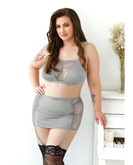 Curve Layne Lace & Microfiber Bralette with Garter Skirt & G-String - Gray - Empower Pleasure
