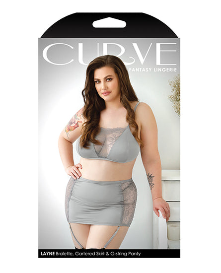 Curve Layne Lace & Microfiber Bralette with Garter Skirt & G-String - Gray