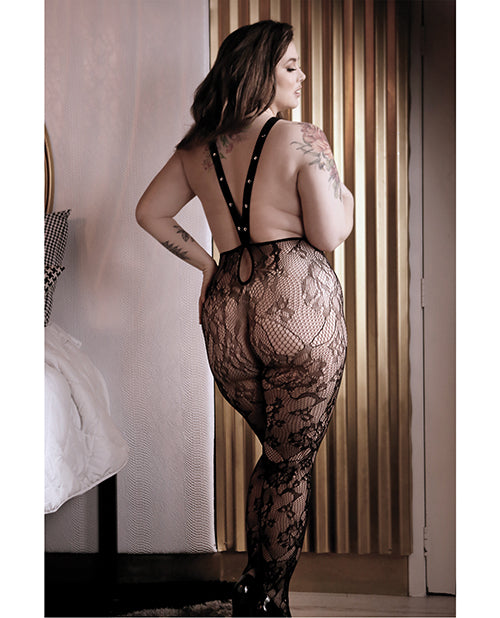 Sheer Fantasy Floral Lace Suspender Stockings w/Stud Detail Black QN - Empower Pleasure