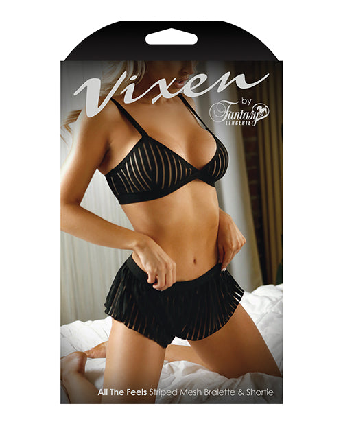 Vixen Striped Mesh Bralette & Shorties Black L/XL - Empower Pleasure