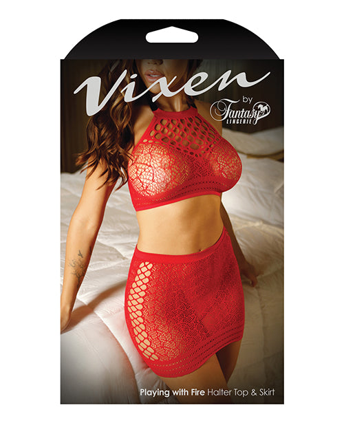 Vixen High Neck Halter Net Top & Tie Back Skirt Red L/XL - Empower Pleasure