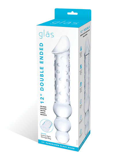 Glas 12" Double Ended Glass Dildo with Anal Beads - Clear - Empower Pleasure