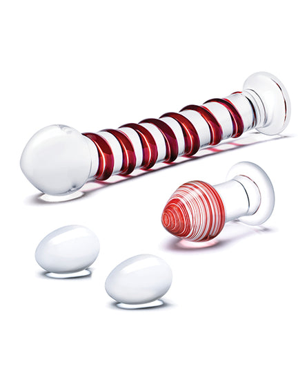 Glas 4 pc Mr. Swirly Set with Glass Kegal Balls & 3.25" Butt Plug - Red - Empower Pleasure