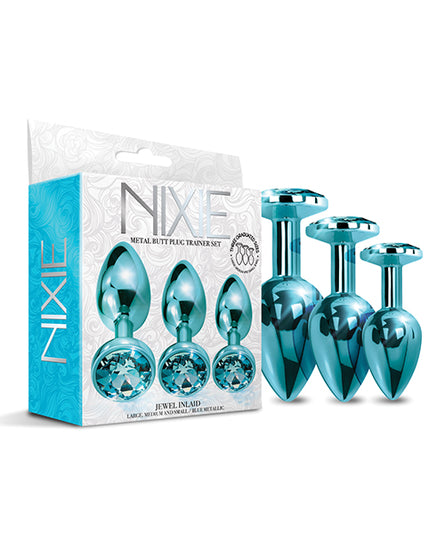 Nixie Metal Butt Plug Trainer Set w/Inlaid Jewel - Blue Metallic - Empower Pleasure