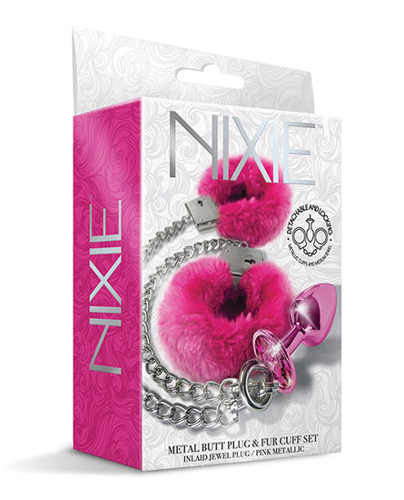 Nixie Metal Butt Plug w/Inlaid Jewel & Fur Cuff Set - Pink Metallic - Empower Pleasure