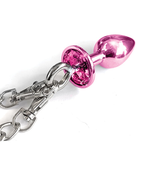 Nixie Metal Butt Plug w/Inlaid Jewel & Fur Cuff Set - Pink Metallic - Empower Pleasure