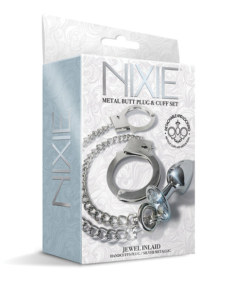 Nixie Metal Butt Plug w/Inlaid Jewel & Cuff Set - Silver Metallic - Empower Pleasure