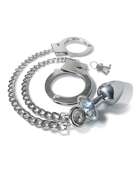 Nixie Metal Butt Plug w/Inlaid Jewel & Cuff Set - Silver Metallic - Empower Pleasure