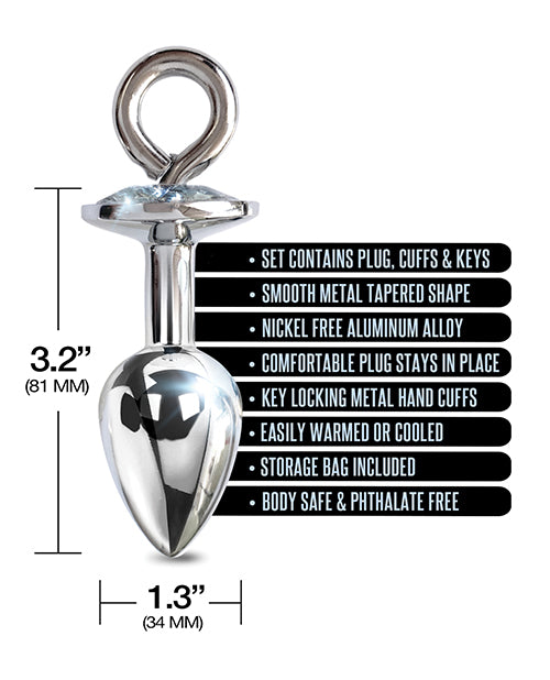Nixie Metal Butt Plug w/Inlaid Jewel & Cuff Set - Silver Metallic - Empower Pleasure