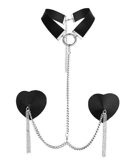 Nipplicious Dominatrix Leather Collar & Pasties w/Chain - Black - Empower Pleasure