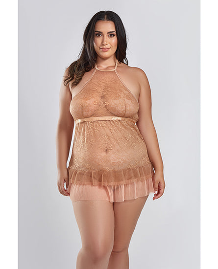 Amber Halter Lace Babydoll w/Tiered Pleated Mesh Skirt Hem & G-String Brown 2X - Empower Pleasure