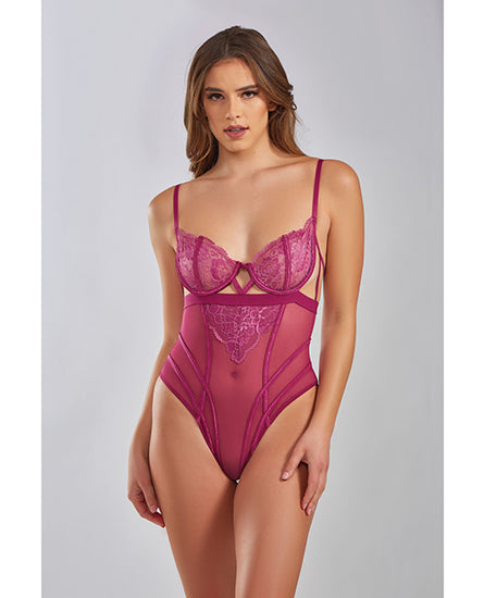 Quinn Cross Dyed Galloon Lace & Mesh Teddy Wine MD - Empower Pleasure