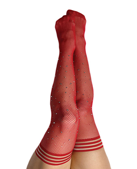 Kix'ies Joely Fishnet Rhinestone Thigh High Red C - Empower Pleasure