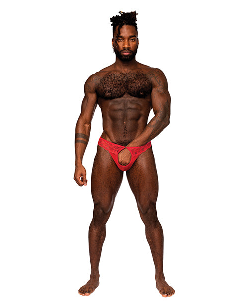 Sassy Lace Open Ring Thong Red L/XL - Empower Pleasure