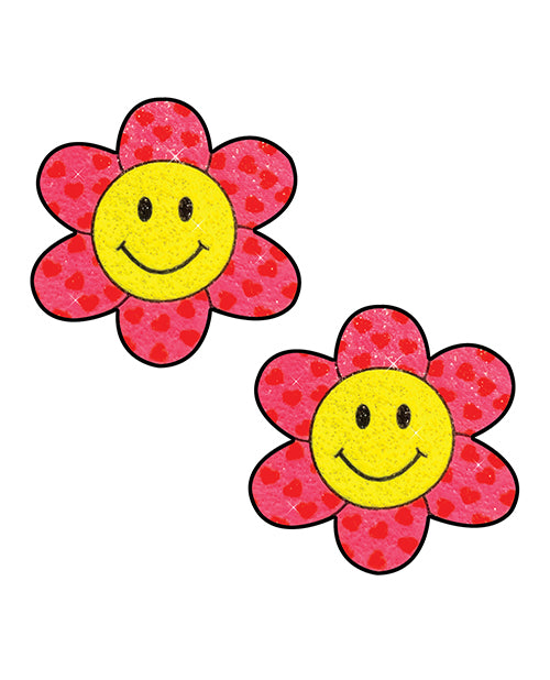 Neva Nude Smiley Flower Power Glitter Pasties - Pink/Yellow O/S - Empower Pleasure